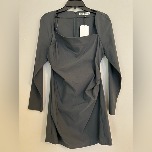 Zara Womens Mini Dress Squared Neckline Gray Long Sleeve Size Body Con 2XL NEW - Picture 2 of 8